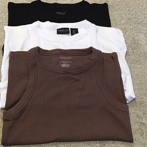 Rachel Zoe Trio of Black, White, and Dusty Rose/brown tank tops.